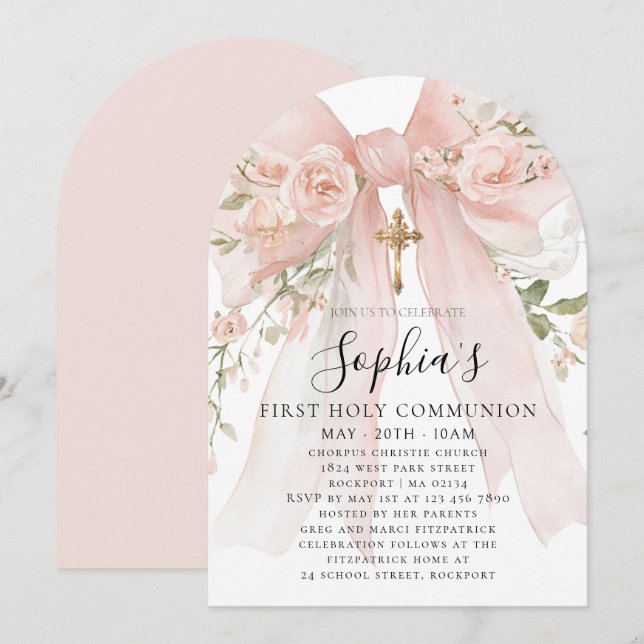 Pink Bow Rose Floral Girl First Communion Arch Invitation (Front/Back)