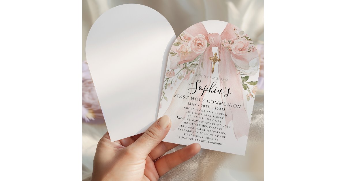 Pink Bow Rose Floral Girl First Communion Arch Invitation | Zazzle