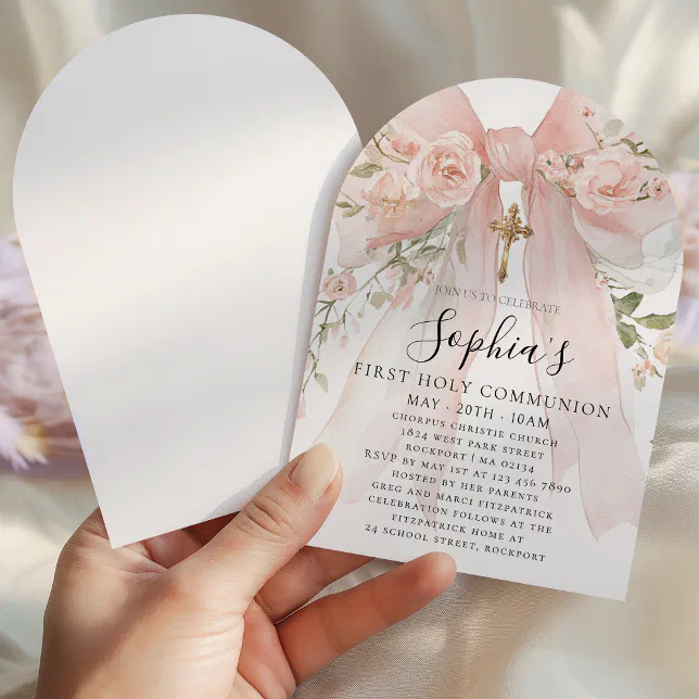 Pink Bow Rose Floral Girl First Communion Arch Invitation | Zazzle