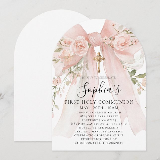 Pink Bow Rose Floral Girl First Communion Arch Invitation (Front/Back)