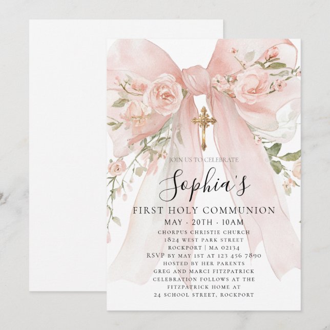 Pink Bow Rose Floral Girl First Communion Invitation (Front/Back)