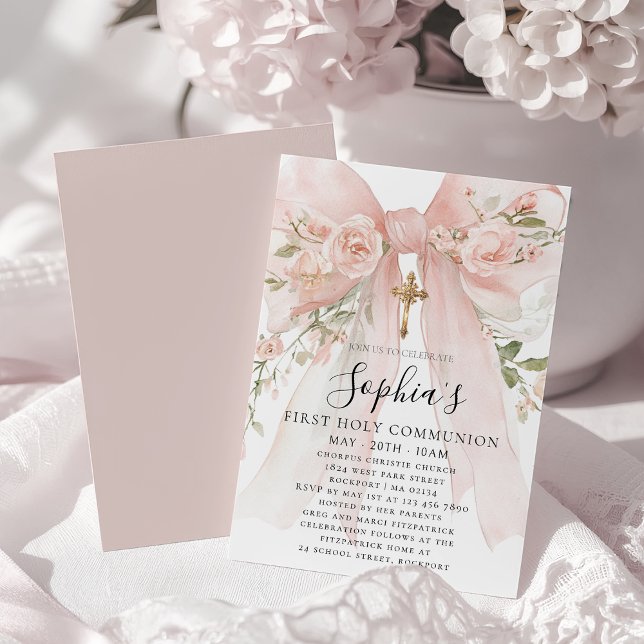 Pink Bow Rose Floral Girl First Communion Invitation (Creator Uploaded)