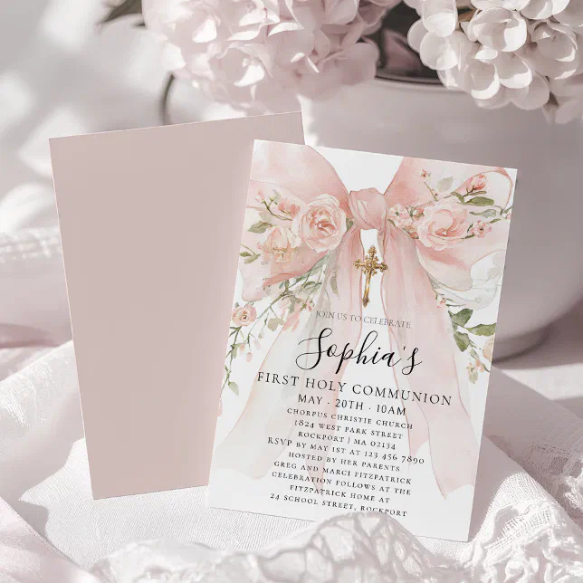 Pink Bow Rose Floral Girl First Communion Invitation | Zazzle