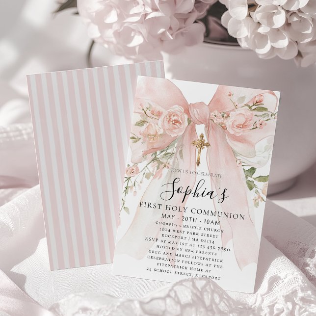 Pink Bow Rose Floral Girl First Communion Invitation (Creator Uploaded)