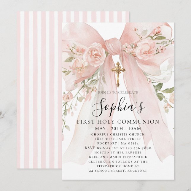 Pink Bow Rose Floral Girl First Communion Invitation (Front/Back)