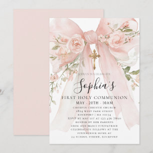 Pink Bow Rose Floral Girl First Communion Invitation