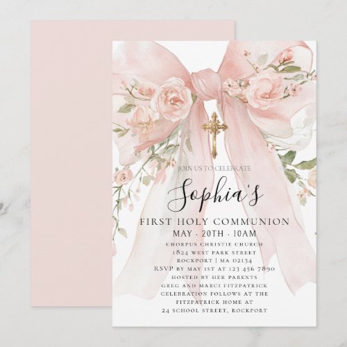 Pink Bow Rose Floral Girl First Communion