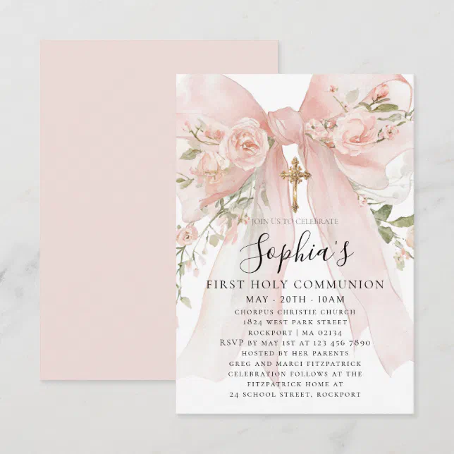 Pink Bow Rose Floral Girl First Communion Petite Invitation | Zazzle