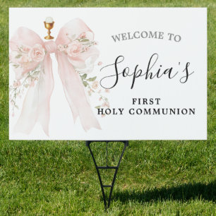 Pink Bow Rose Floral Girl First Communion Yard Sign