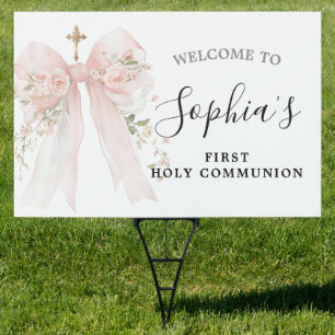 Pink Bow Rose Floral Girl First Communion Yard Sign