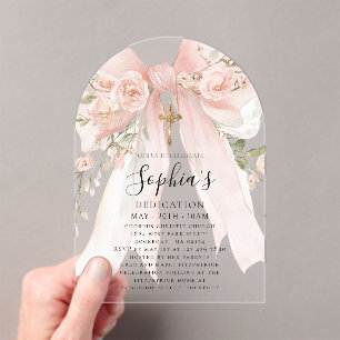 Pink Bow Rose Floral Girl's Dedication Arch Acrylic Invitations