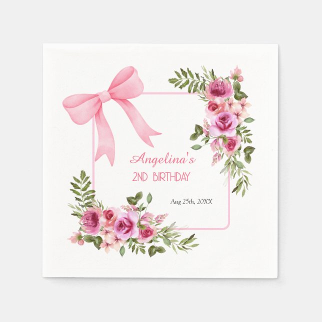Pink Bow Rose Floral Greenery Girls Birthday Napkins (Front)