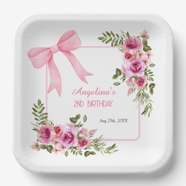 Pink Bow Rose Floral Greenery Girls Birthday Paper Plates (Front)