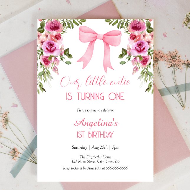 Pink Bow Rose Floral Little Cutie Birthday Invitation (Creator Uploaded)
