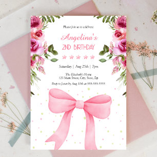 Pink Bow Rose Floral Polka Dots Birthday Invitation