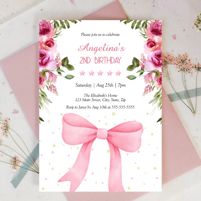 Pink Bow Rose Floral Polka Dots Birthday Invitation (Creator Uploaded)