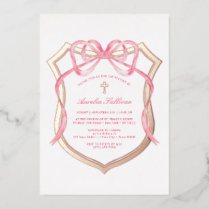 Pink Bow Rose Gold Crest Baptism Foil Invitation