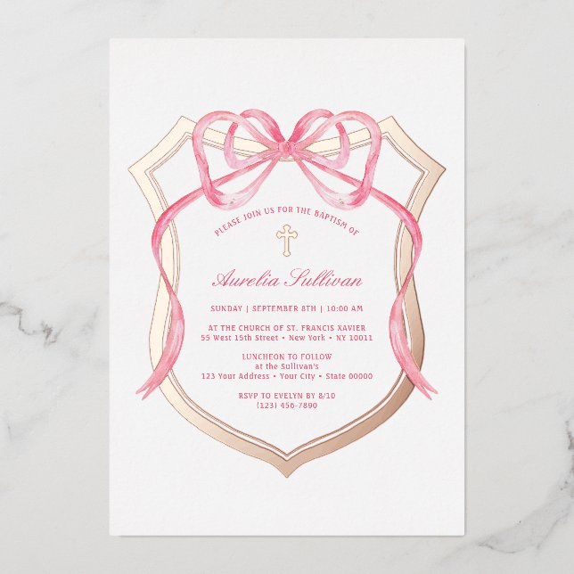 Pink Bow Rose Gold Crest Baptism Foil Invitation (Front)
