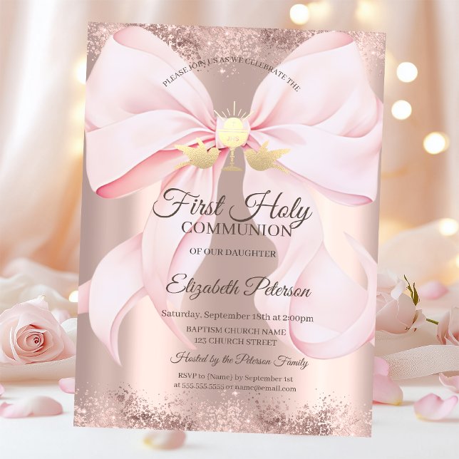 Pink Bow Rose Gold First Holy Communion   Invitation (Creator Uploaded)