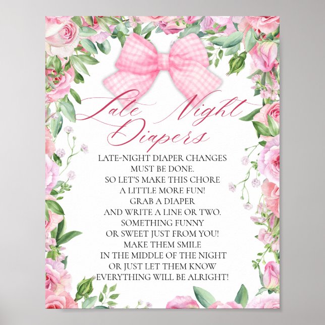Pink Bow & Roses Coquette Baby Shower Diapers Game Poster (Front)
