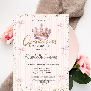Pink Bow Royal Crow Confetti Striped Quinceañera Invitation
