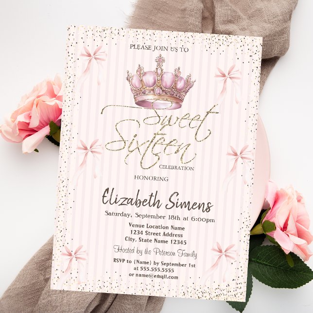 Pink Bow Royal Crow Confetti Striped Sweet 16 Invitation (Creator Uploaded)