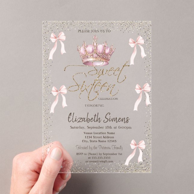 Pink Bow Royal Crow Confetti Sweet 16 Acrylic Invitations (Insitu (Handheld))