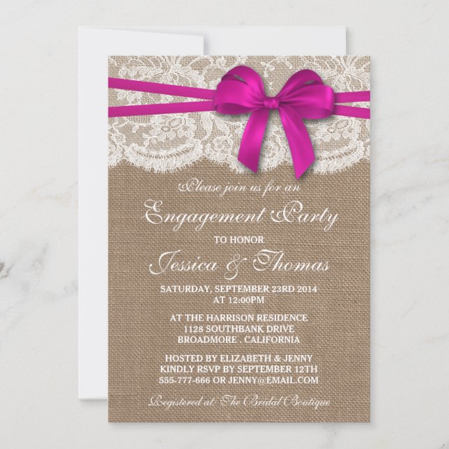 Pink Bow Rustic Burlap & Lace Engagement Party Invitation (Front)
