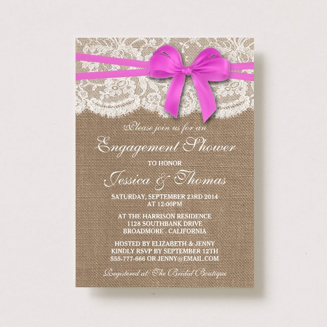 Pink Bow Rustic Burlap & Lace Engagement Shower Invitation (Creator Uploaded)