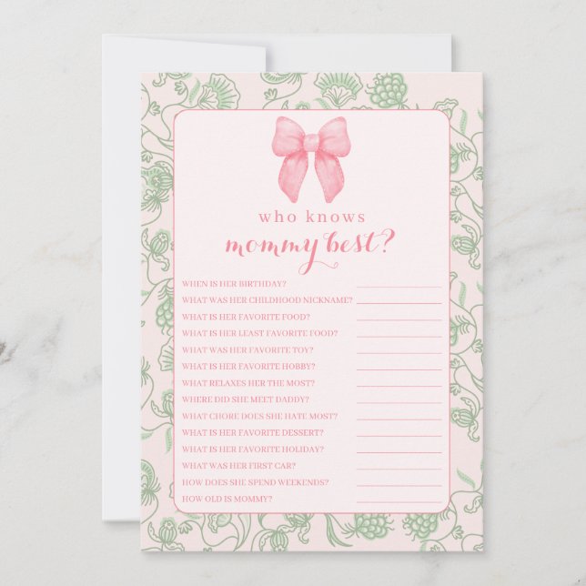 Pink Bow Sage Green Baby Girl Shower Game Invitation (Front)