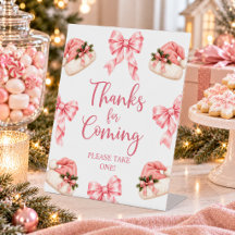 Pink Bow Santa Hat Thanks for Coming Favor Sign