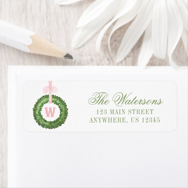 Pink Bow Sash Christmas Monogram Wreath Address Label (Insitu)