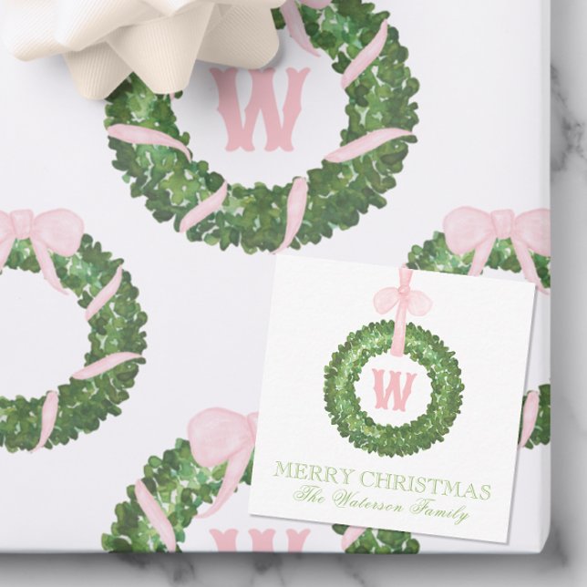 Pink Bow Sash Christmas Monogram Wreath Enclosure Note Card (Creator Uploaded)