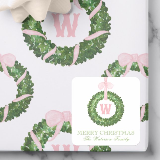 Pink Bow Sash Christmas Monogram Wreath Enclosure Square Sticker (Creator Uploaded)