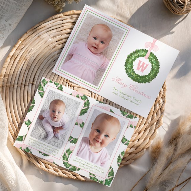Pink Bow Sash Christmas Monogram Wreath Holiday Card (Creator Uploaded)