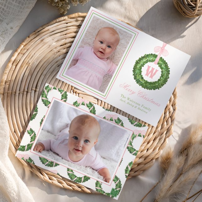 Pink Bow Sash Christmas Monogram Wreath Holiday Card (Creator Uploaded)