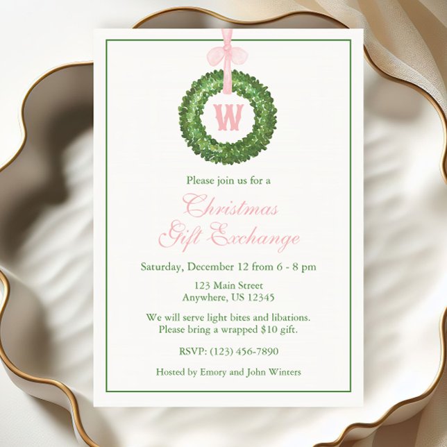 Pink Bow Sash Christmas Monogram Wreath Party Invitation (Creator Uploaded)