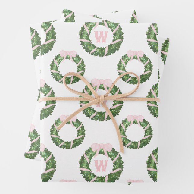 Pink Bow Sash Christmas Monogram Wreath Wrapping Paper Sheets (In situ)