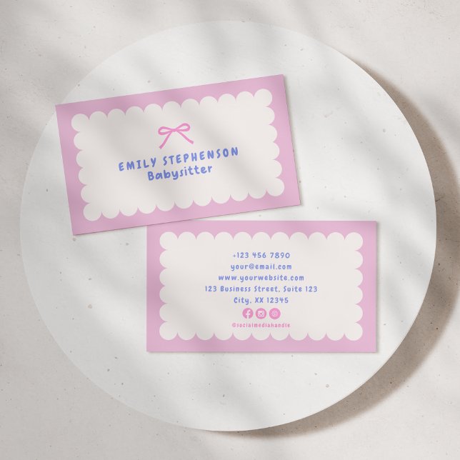 Pink Bow, Scalloped frame babysitter  Business Card (Creator Uploaded)