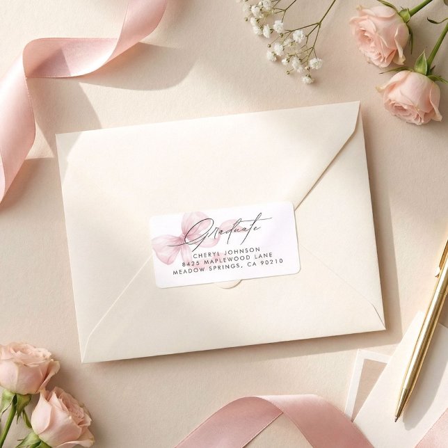 Pink Bow Script Graduation Return Address Label (Creator Uploaded)