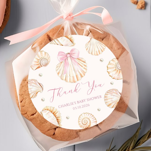 Pink Bow Seashell Coastal Baby Shower Sticker (Creator Uploaded)