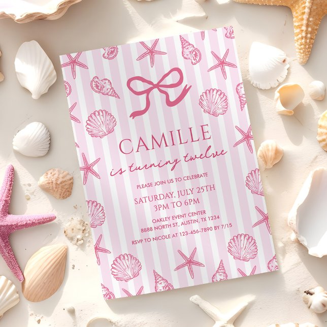 Pink Bow Seashell Coastal Beach Birthday Invitation (Creator Uploaded)
