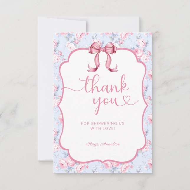 Pink Bow Shabby Chic Baby Shower Thank You Card (Front)