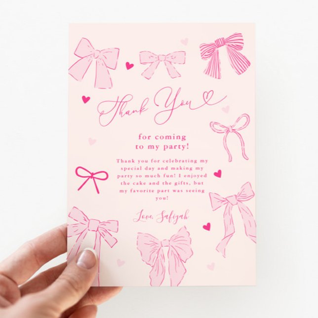 Pink Bow Shabby Chic Birthday Party Thank You Card (Creator Uploaded)