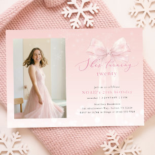 Pink Bow She is Turning Twenty Girl Photo Birthday Invitation