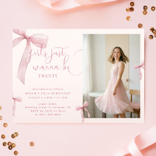 Pink Bow She is Turning Twenty Photo Birthday Invitation