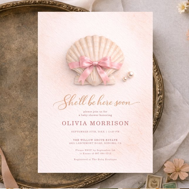 Pink Bow Shell Girl Baby Shower  Invitation (Creator Uploaded)