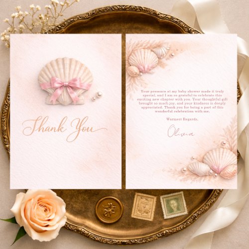 Pink Bow Shell Girl Baby Shower  Thank You Card