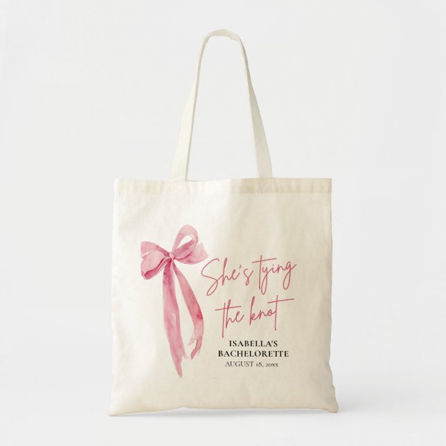 Pink Bow She's Tying the Knot Bachelorette Party Tote Bag (Front)