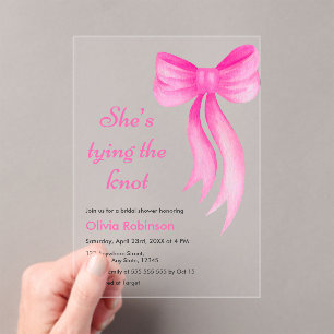 Pink Bow She's Tying the Knot Bridal Shower Acrylic Invitations